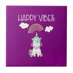 Happy Vibes Typography Cute Smiling Unicorn Tile