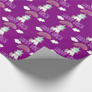 Happy Vibes Typography Cute Smiling Unicorn Wrapping Paper