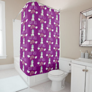 Happy Vibes Typography Smiling Unicorn Pattern Shower Curtain