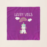happy vibes, typography, white unicorn, smiling, m scarf<br><div class="desc">A chiffon scarf with a cute illustration of a white unicorn sitting on its rump smiling and looking happy. Smiling clouds and a rainbow overhead. Text says: Happy Vibes. Adorable uplifting image. With a pinkish purple watercolor background.</div>