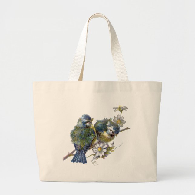 Happy Vintage Birds Large Tote Bag (Front)