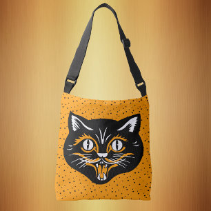 Happy Vintage Halloween Black Cat Face on Orange Crossbody Bag