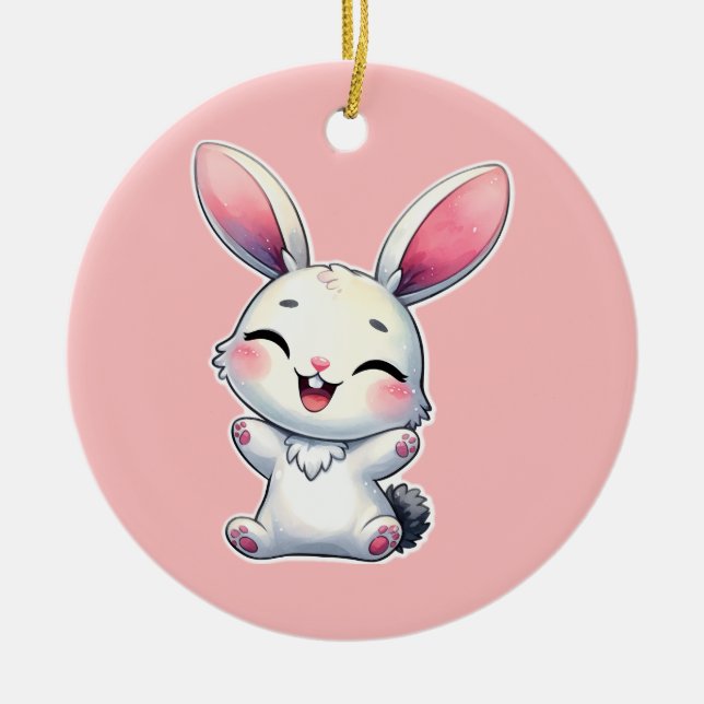 Happy Watercolor Bunny Ceramic Tree Decoration (Front)