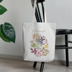 Happy Watercolor Florals Wedding Bridal Party Tote Bag