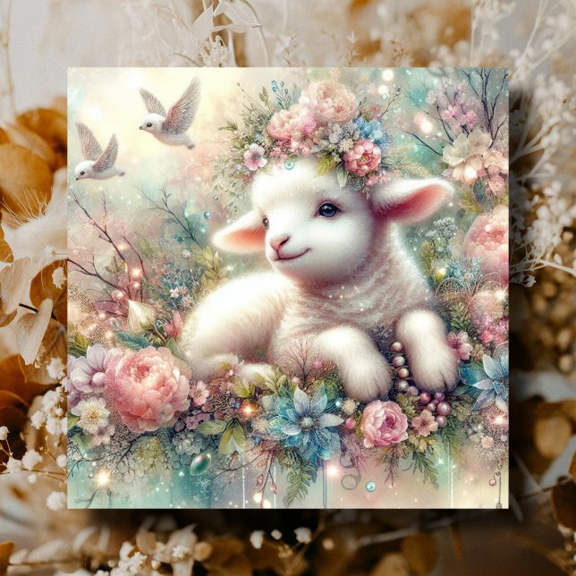 Happy Watercolor Lamb Flowers Christian Easter  Holiday Card (Creator Uploaded)
