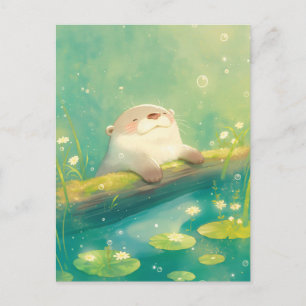 Happy Watercolor Otter Pond Lily Postcard
