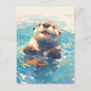 Happy Watercolor Otter Swimming Postcard