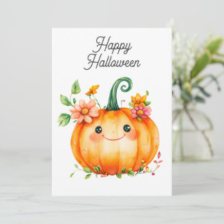 Happy Watercolor Pumpkin in Flowers for Halloween