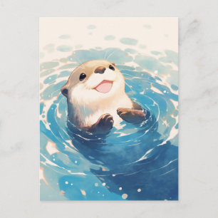 Happy Watercolor Sea Otter Swimming Postcard