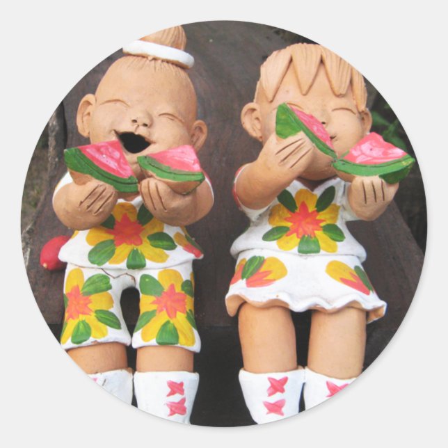 Happy Watermelon Friends Classic Round Sticker (Front)