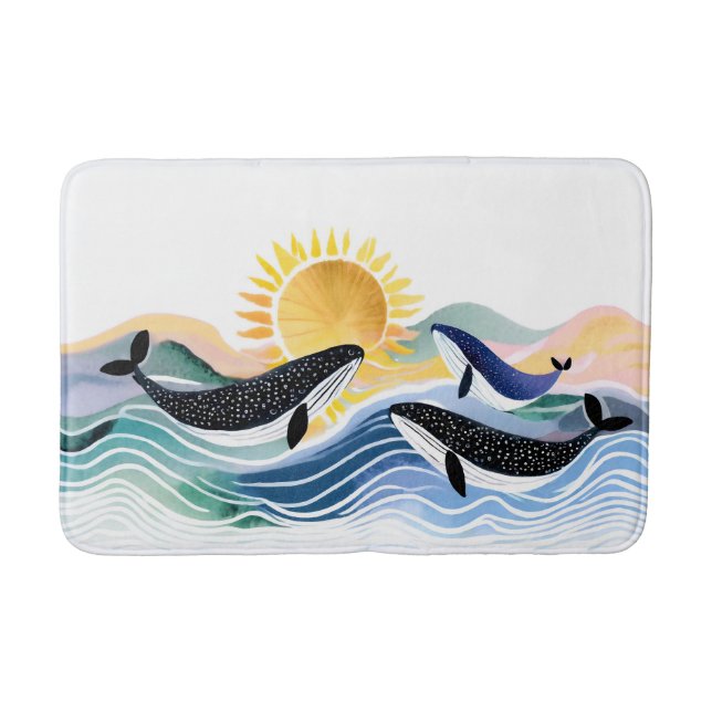 Happy Waves & Blue Whales Watercolor Bath Mat (Front)