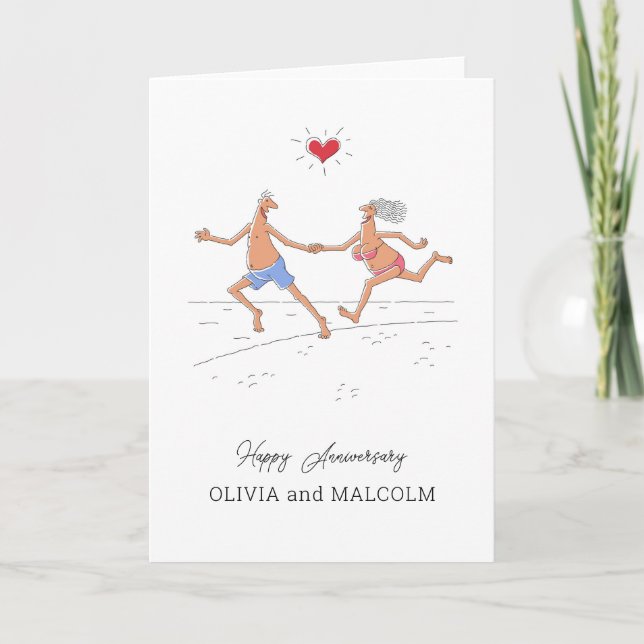 Happy Wedding Anniversary Couple Beach Sea Heart Card (Front)