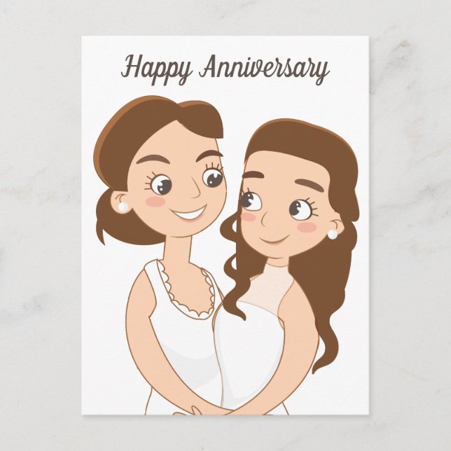 Happy Wedding Anniversary Cute Lesbian Couple Postcard (Front)