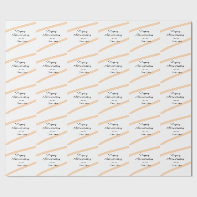 Happy wedding anniversary orange pastel lines name wrapping paper (Flat)
