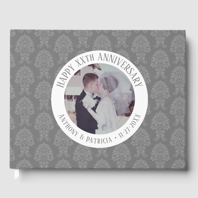 Happy Wedding Anniversary / Photo Damask Pattern Guest Book (Front)