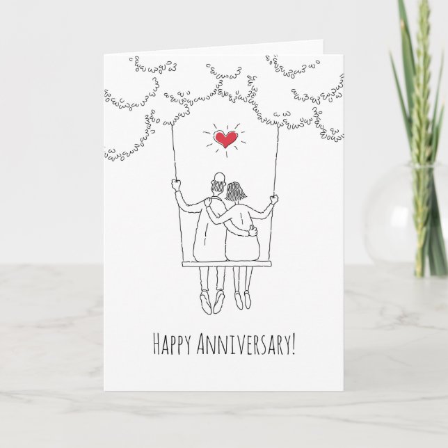 Happy Wedding Anniversary Red Heart Swing Couple   Card (Front)