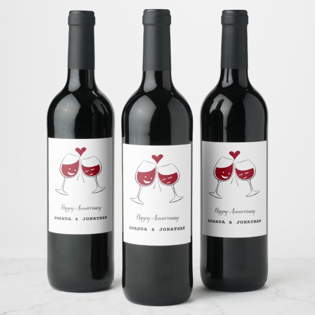Happy Wedding Anniversary Red Wine Heart Wine Label (Bottles)