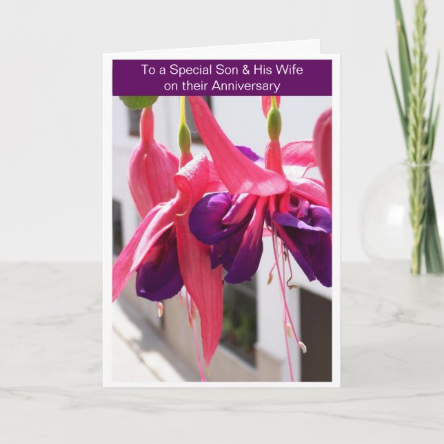 Happy Wedding Anniversary Son And Wife Fuchsias Card (Front)