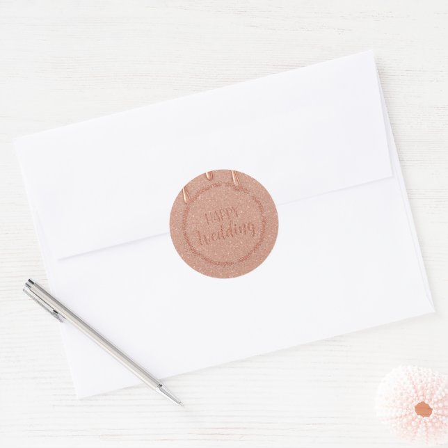 Happy Wedding in Rose Gold Faded Glitter Wedding Classic Round Sticker (Envelope)