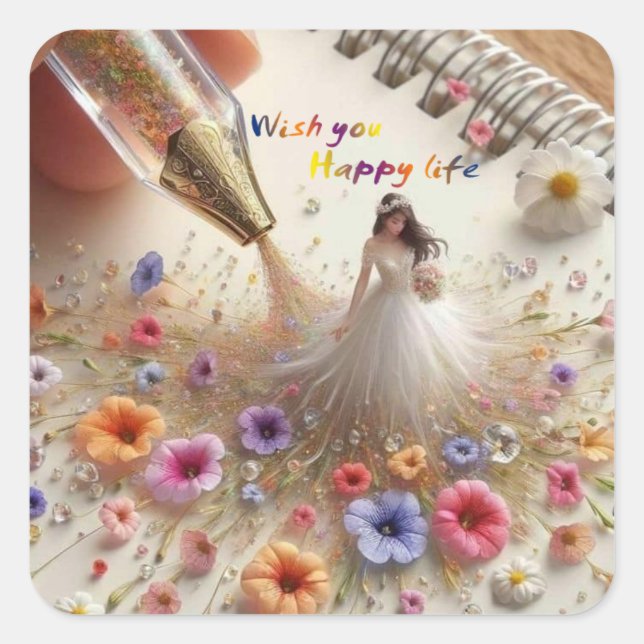 Happy Wedding Square Stickers (Front)