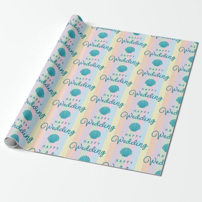 Happy Wedding Text Blue Seashell Colourful Rainbow Wrapping Paper (Unrolled)