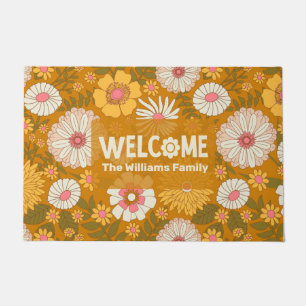 Happy 'Welcome' Yellow Floral Personalised Family Doormat