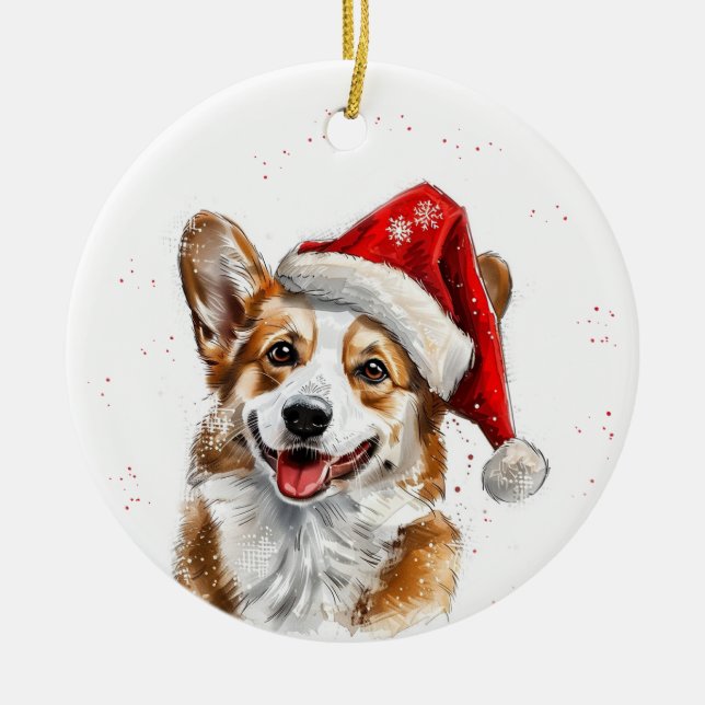 Happy Welsh Corgi Dog Christmas Personalized Ceramic Tree Decoration (Front)