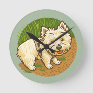 Happy Westie on Nature Trail Round Clock