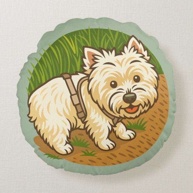 Happy Westie on Nature Trail Round Cushion (Front)