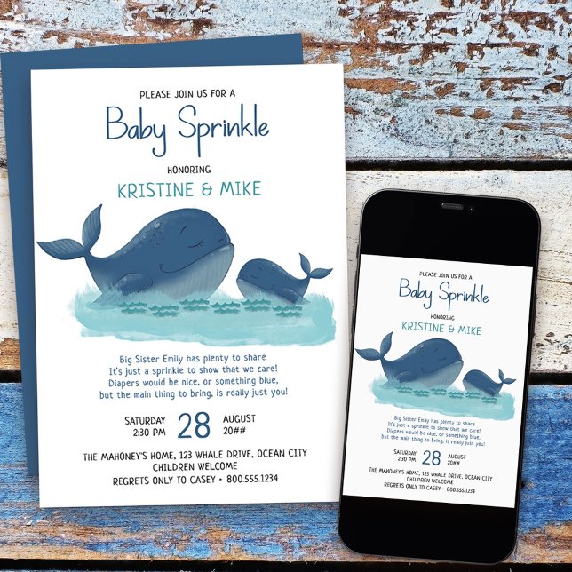 Happy Whale Watercolor Boy Baby Sprinkle Invitation (Baby Sprinkle Invitation from my Happy Whale collection. Message if you need different items
)