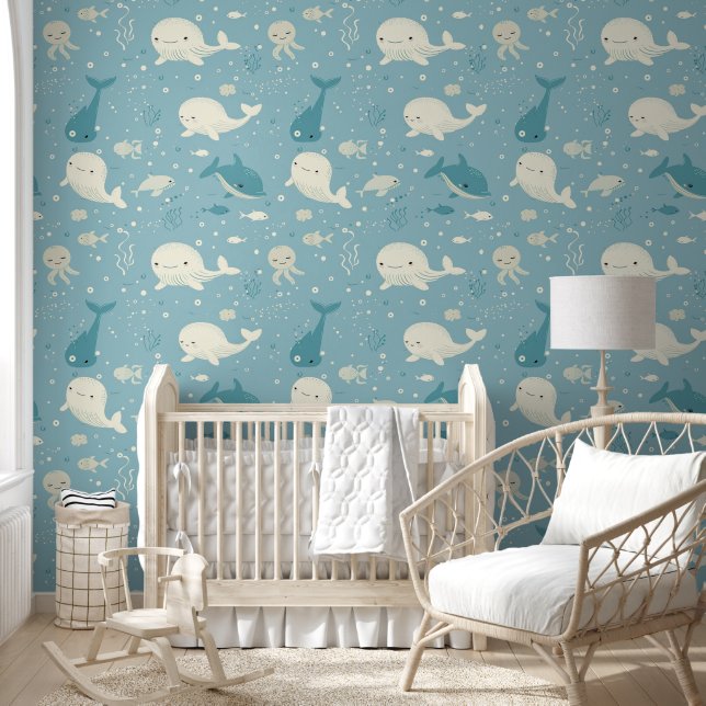 Happy Whales Under the Sea Baby Nursery Wallpaper (Kids)