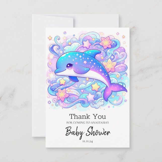 Happy Whimsical Dolphin Baby Shower Thank You Card (Front)