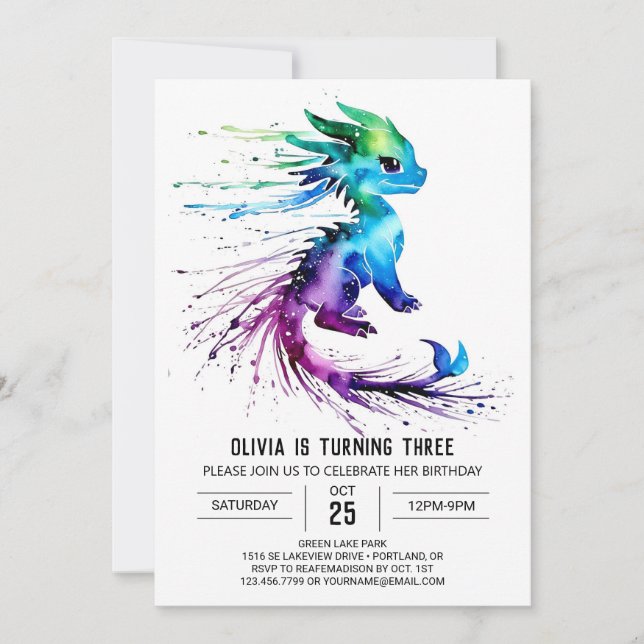 Happy Whimsical Dragon Digital Girl Birthday Invitation (Front)