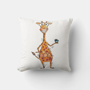 Happy Whimsical Giraffe Drinking Coffee Cushion