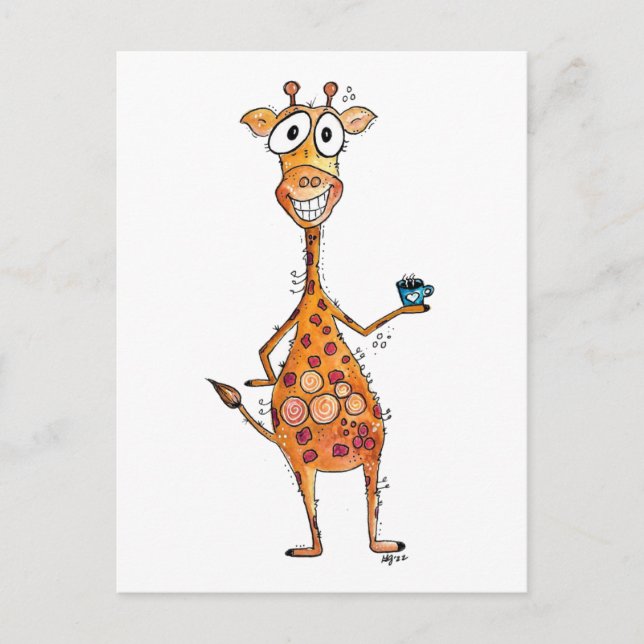 Happy Whimsical Giraffe Drinking Coffee Postcard (Front)