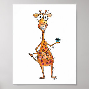 Happy Whimsical Giraffe Drinking Coffee Poster