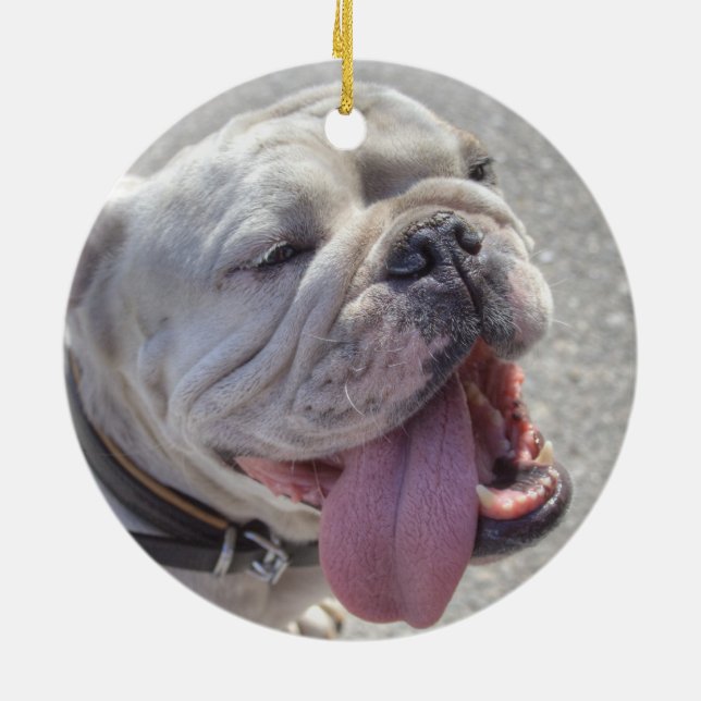 Happy White Bulldog Ceramic Tree Decoration (Back)