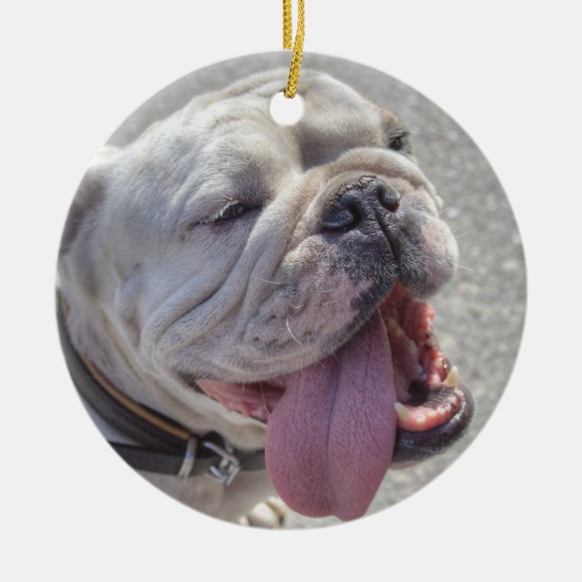 Happy White Bulldog Ceramic Tree Decoration (Front)