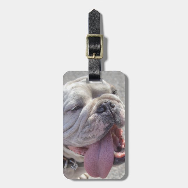 Happy White Bulldog Luggage Tag (Front Vertical)