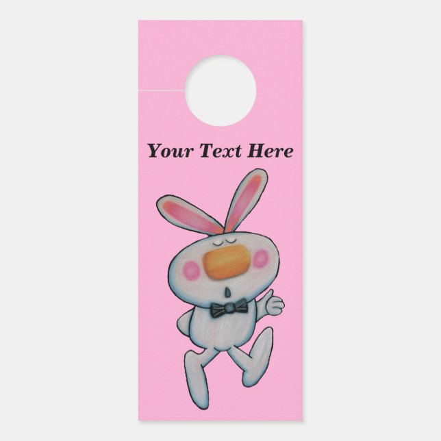 Happy White Bunny Wearing Black Tie Thumbs Up Pink Door Hanger (Front)