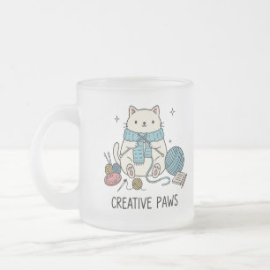 Happy White Cat Knitting Yarn Cute Hobby Drinkware Frosted Glass Coffee Mug