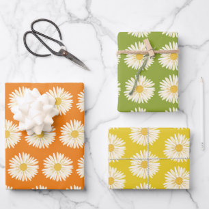 Happy White Daisies Colourful 1970s Retro Wrapping Paper Sheet