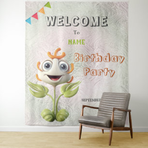 Happy White Flower Birthday Party Backdrop Tapestry