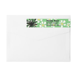 Happy white flowers on green background wrap around label