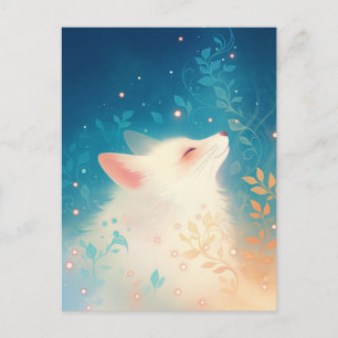 Happy White Fox in Magical Teal Garden Postcard