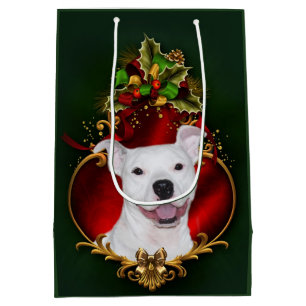 Happy white pitbull Christmas Medium Gift Bag