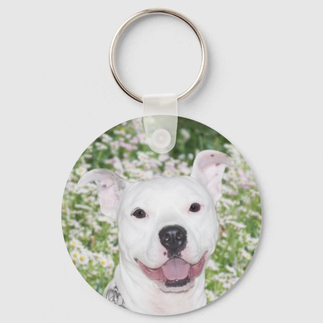 Happy White Pitbull Key Ring (Front)