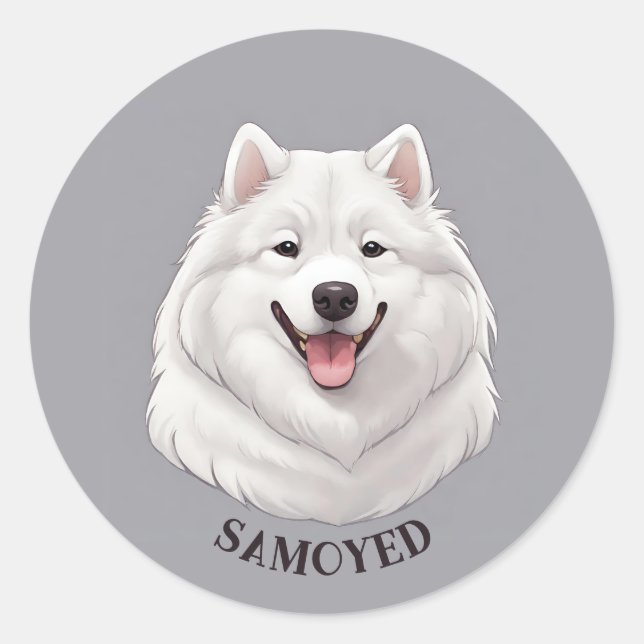 Happy White Samoyed Dog Classic Round Sticker (Front)
