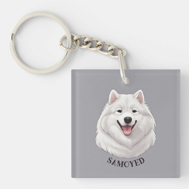 Happy White Samoyed Dog Key Ring (Front)