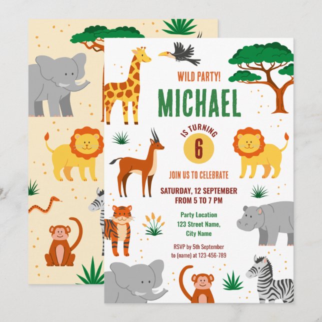 Happy wild animals birthday invitation (Front/Back)